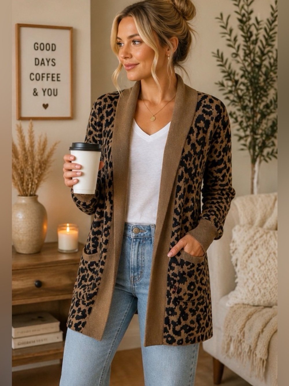 472 Moon & Madison Leopard Print Cardigan Open Front Brown Black XS